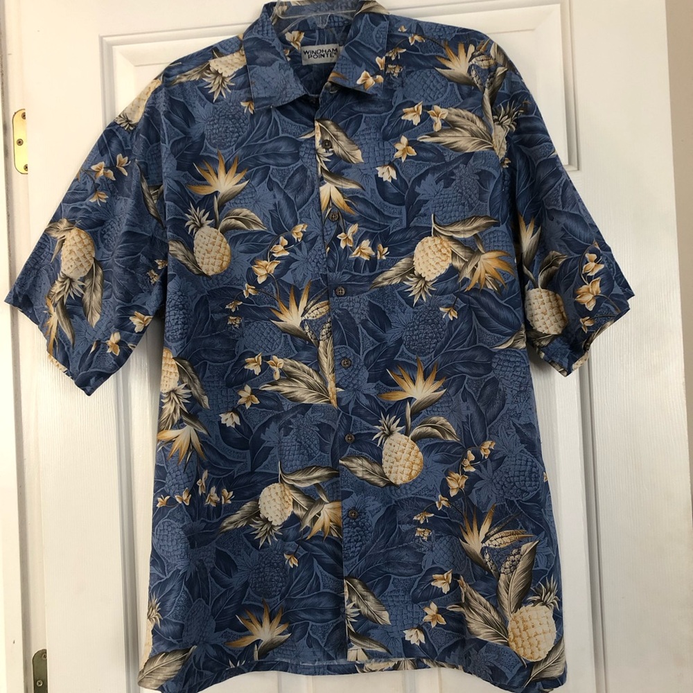 Mens Windham Pointe Tropical Shirt Size XL Short Sleeve Button Down Blue Tan EUC